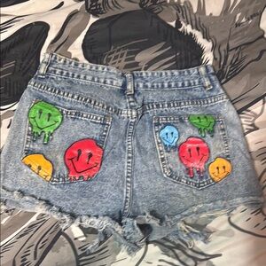 Denim Shorts with Colorful Smiley Patches